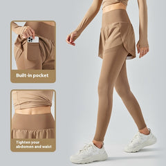 Elastic High Waist Anti-exposure Fake Two Pieces Mesh Leggings