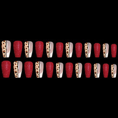 Red   Color Leopard Print Ballet False Nails