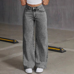 Vintage Bow Embroidered Washed Jeans For Women Straight Loose Trousers