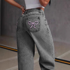 Vintage Bow Embroidered Washed Jeans For Women Straight Loose Trousers